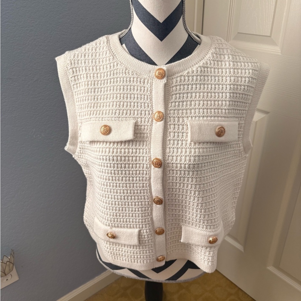 Blank NYC Ivory Knit Vest with Bronze Buttons